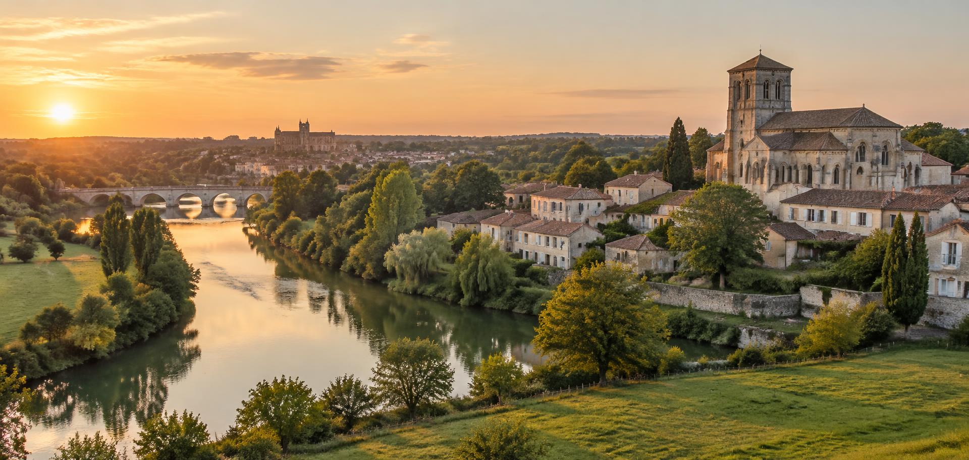 La Charente et les villages de Saintonge au coucher du soleil